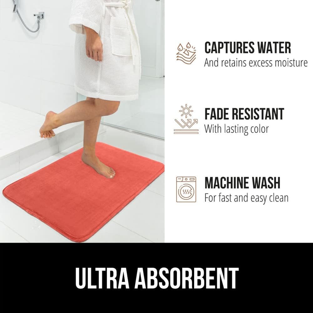 GORILLA GRIP Memory Foam Bath Mat, Soft Absorbent Velvet Bathroom Mats, Durable Dots on Underside, Machine Washable Bathmat, Carpet Rug Room Decor for Shower Tub Floor RV, 36x24 Rugs, Coral