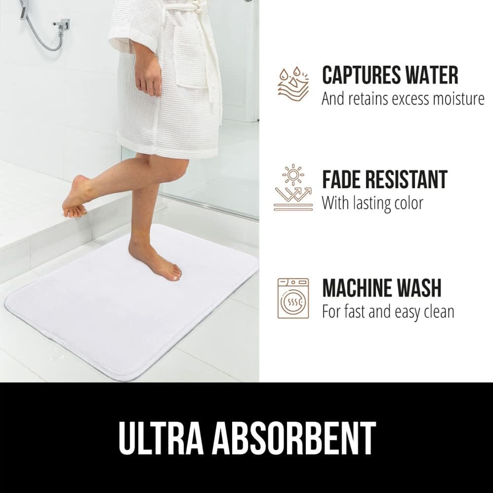 GORILLA GRIP Thick Memory Foam Bath Rugs, Soft Absorbent Velvet Bathroom Mats, Durable Dots on Underside, Machine Washable Bathmat, Carpet Rug Room Decor for Shower Floor, 24x17 Mat, White