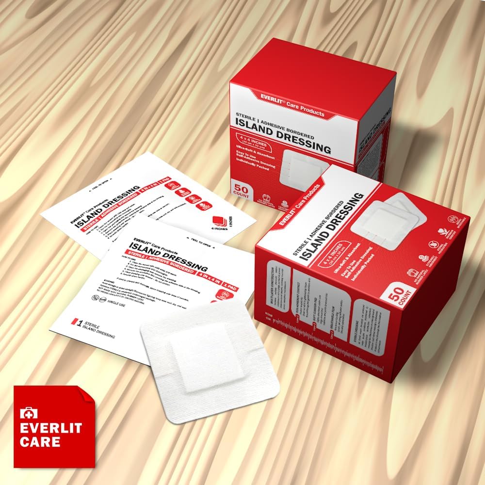 EVERLIT Island Dressing Bordered Gauze | Large Wound Care Bandage with Adhesive Border| Sterile, Soft & Highly Absorbent Medical Grade Dressing Pad (4x4 Inch (Pack of 50))