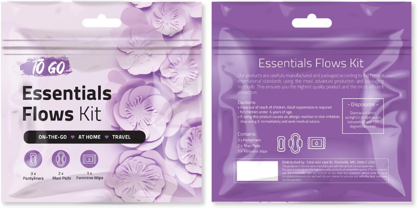 Essential Flow Kit – Case of 60 Individually Packed Period Kits for Schools, Students & Emergency Needs | Includes 3 Pantiliners, 2 Maxi Pads & 1 Feminine Wipe in a Discreet Zip Bag (Purple)
