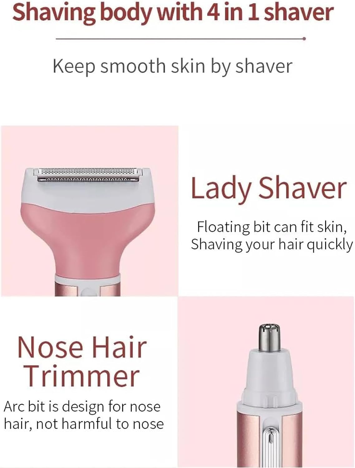 4-in-1 Electric Razor for Women - Painless Facial Hair Removal, Bikini Trimmer, Eyebrow & Body Groomer - Rechargeable Hair Clippers Set for Underarms, Legs & Nose