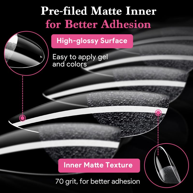 Medium Round False Nail Tips, 15 Sizes 510 PCS Clear Soft Press On Fake Nail Pre-shaped Half Matte Full Cover Gel Nail Tips Extensions Strong Thick Long Lasting for DIY Beginners & Salon Manicure