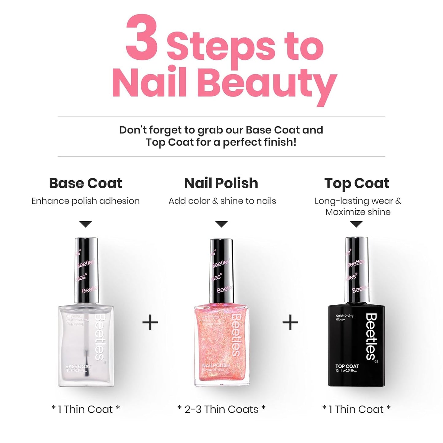 Beetles Pink Nail Polish - 15ML Quick Dry Nail Polish Glitter Gold Pink Nail Lacquer Shimmer Fingernail Polish Art Effect for Nail Salon-Quality