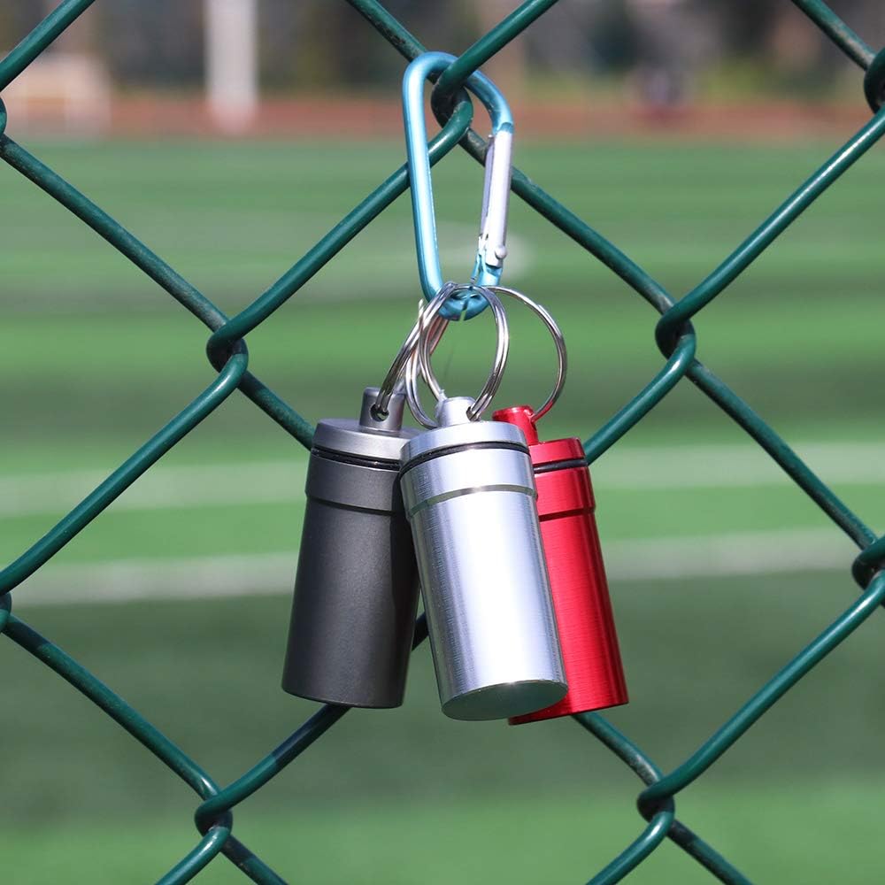 3 Packs Waterproof Aluminum Pill Fob Container, EFFIET Nitro Bottle Holder Nitroglycerin Pill Case Emergency Keychain Pill Holder for Medicine Organizer Dispenser (Silver-Matt-Red)