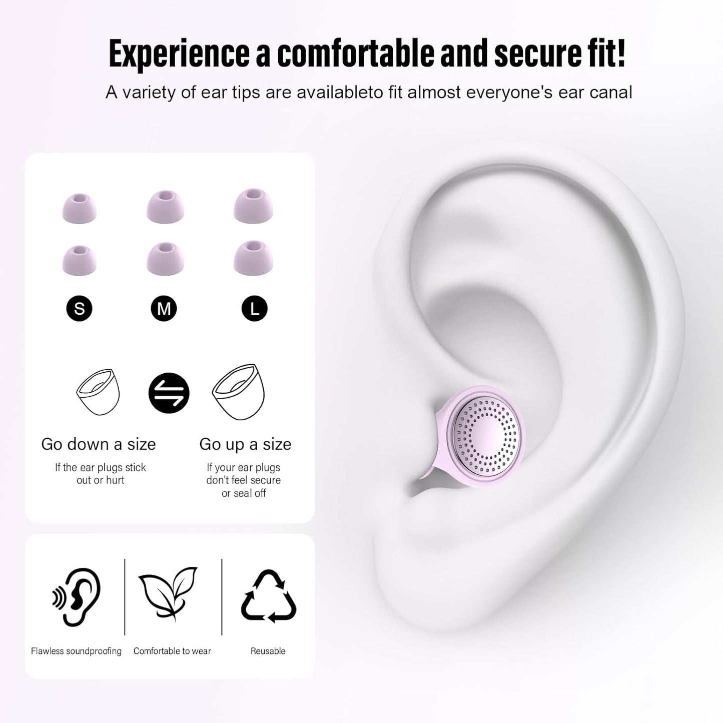 Ear Plugs, Sleep Earplugs with Cleaning, Memory Foam & Silicone Tips, Noise Reduction up to 35 dB, with 3 Sizes & Case, Reusable, Noise Protection Earplug for Side Sleepers, Travel, Work Purple