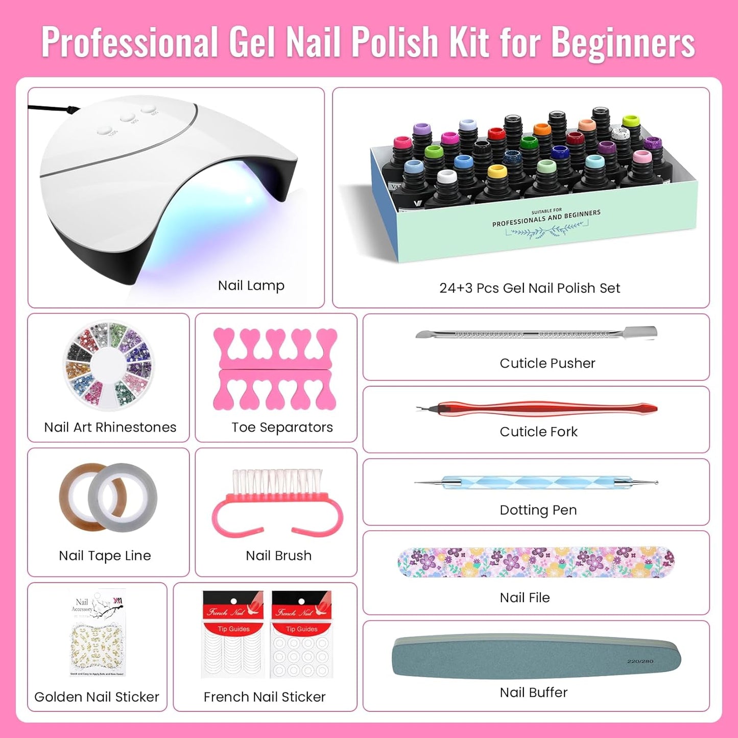 VANREESA 42 Pcs Gel Nail Polish Kit with U V Light 24 Colors Gel Polish Nail Kit Bright Pink Orange Green Glitter Blue Purple Nail Kit for Beginners Gifts for Women DIY at Home