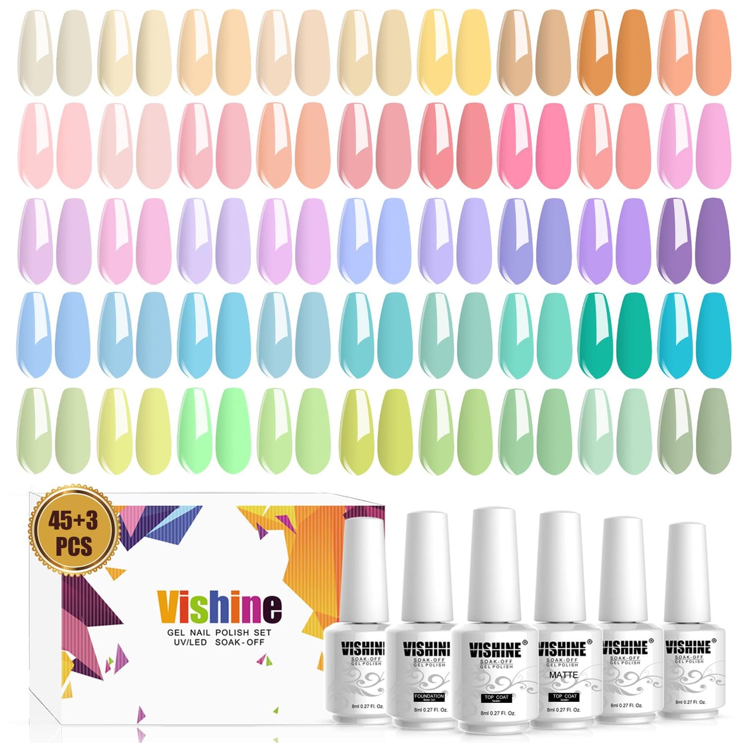 Vishine 48 PCS Pastel Gel Nail Polish Kit with UV Light Base and Matte Glossy Top Coat Nail Gel Polish Soak off Manicure Accessory Tools Suitable for All Seasons