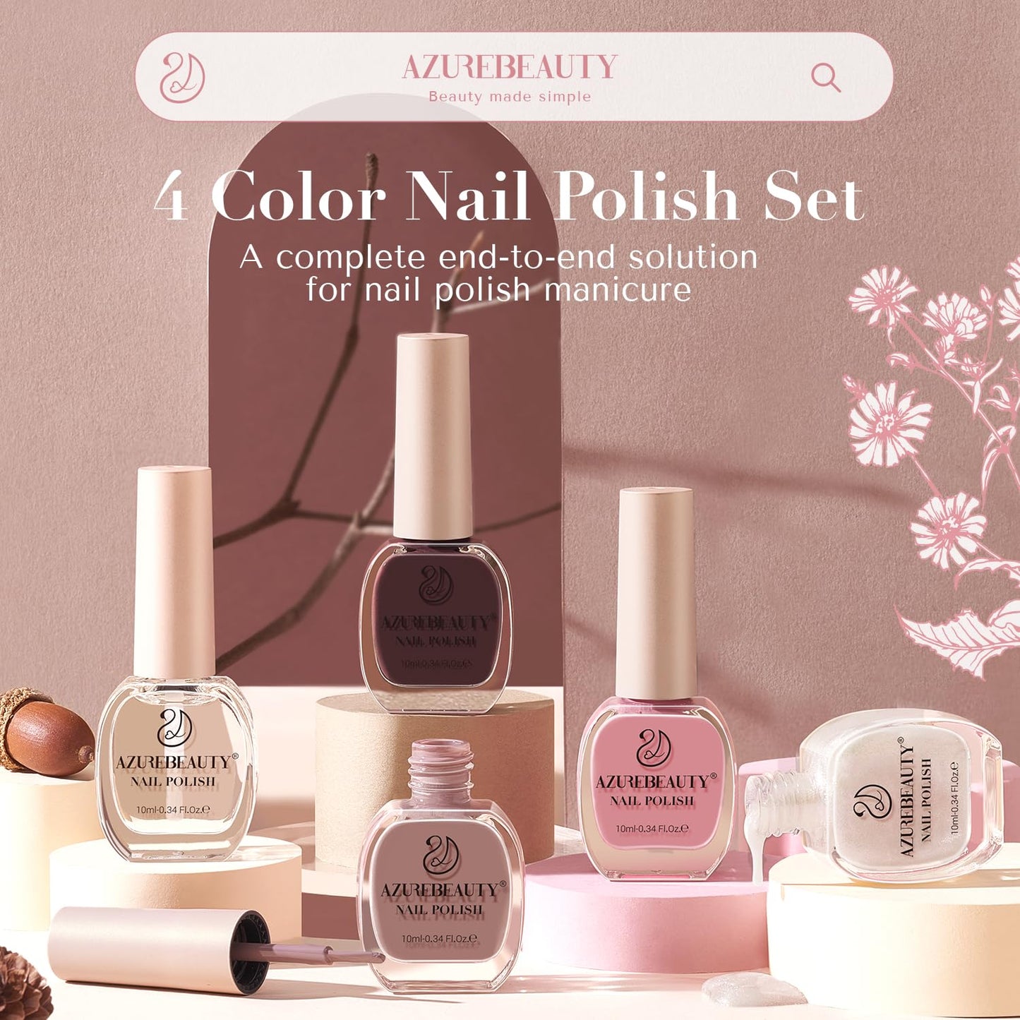 AZUREBEAUTY Nail Polish Set Vegan 4 Colors Fall Winter Brown Pink Glitter Nail Polish Quick Dry Natural Nail Lacquer Fingernail Strengthening Treatment Kit with Top Coat DIY