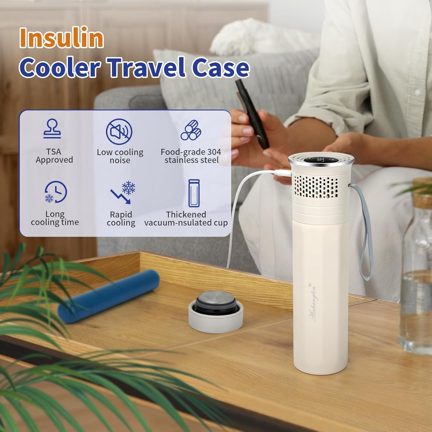 Electric Insulin Cooler Travel Case, TSA Approved Medication Cooler for Travel Hold 1–7 Medication Pens, 36-68F On–The–Go Medicine Diabetes Travel Case with Digital Display & Icicle, White