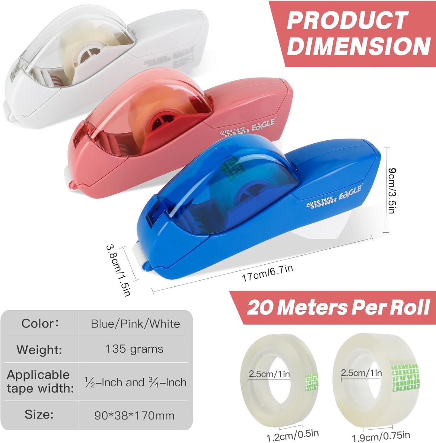 Eagle Automatic Tape Dispenser, Handheld & Portable Design, Office Tape Gun, One-Handed Operation with Safety Blade for Office, Home, DIY or Packaging (Includes 2 Free Tapes)(Snowy White)