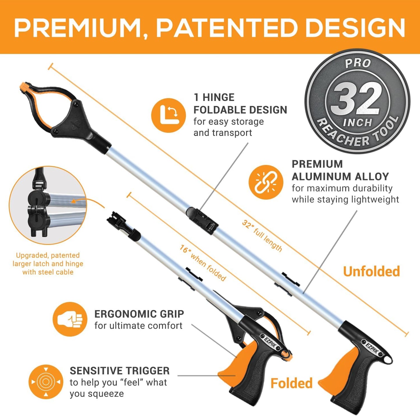 EZPIK Pro 32" Foldable Grabber Reacher Tool for Seniors - Grabbers for Elderly Reaching Tool Heavy Duty Pickup Trash Picker Upper Equipment - Claw Grabber Stick for Reaching Aids, Weed Gripper
