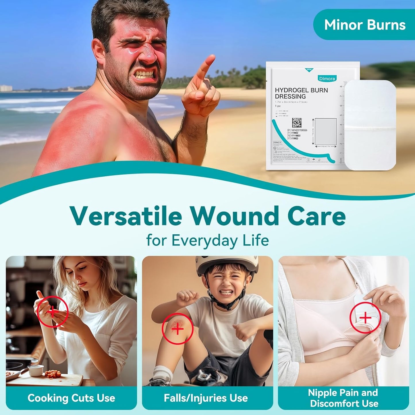 Dimora Hydrogel Wound Dressing 1.7" x3" - Burn Pads Sterile Soothing Bandage, Cooling Protective Treatment for Minor Burns & Blisters, Cuts, Abrasions,Cracked Nipples, 10 Count