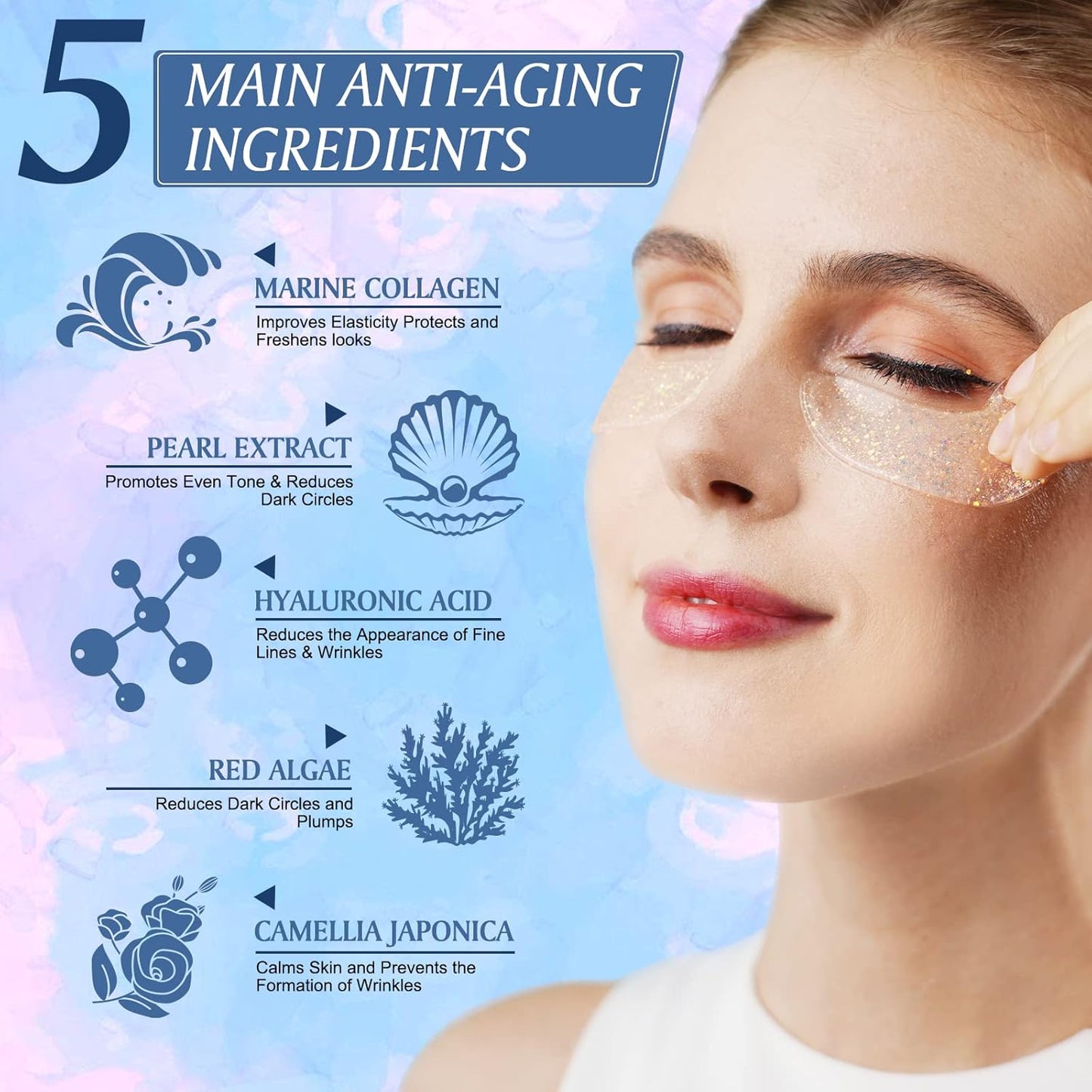 NUEDSFXO Eye Gels, Under Eye Masks for Puffy Eyes & Dark Circles & Eye Bags, Natural Marine Collagen Hyaluronic Pearl Under Eye Patches, Face Moisturizer Treatment, Reduce Wrinkles (18 Pcs)