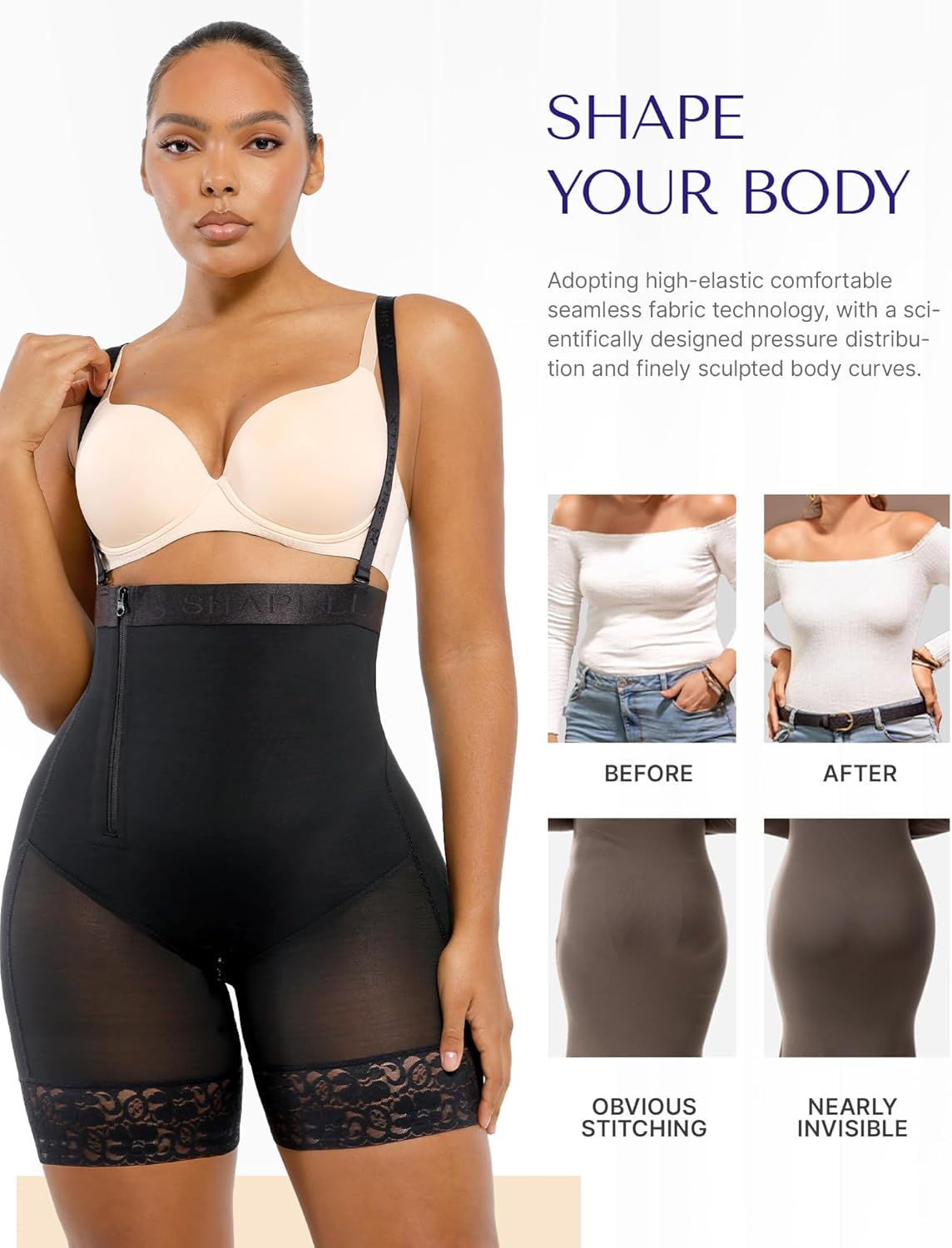 SHAPELLX Shapewear Tummy Control Fajas Colombianas Body Shaper for Women Butt Lift Bodysuit