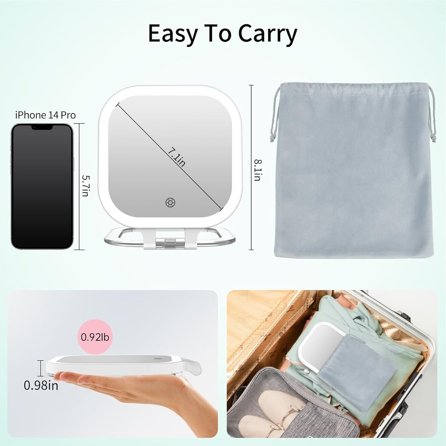 FASCINATE 10X Magnification Rechargeable Travel Makeup Mirror, Lighted Portable Vanity Mirror with 3 Colors Lighting & Stepless Dimming, Double Sided LED Mirror, Gift for Women (White+Bag)