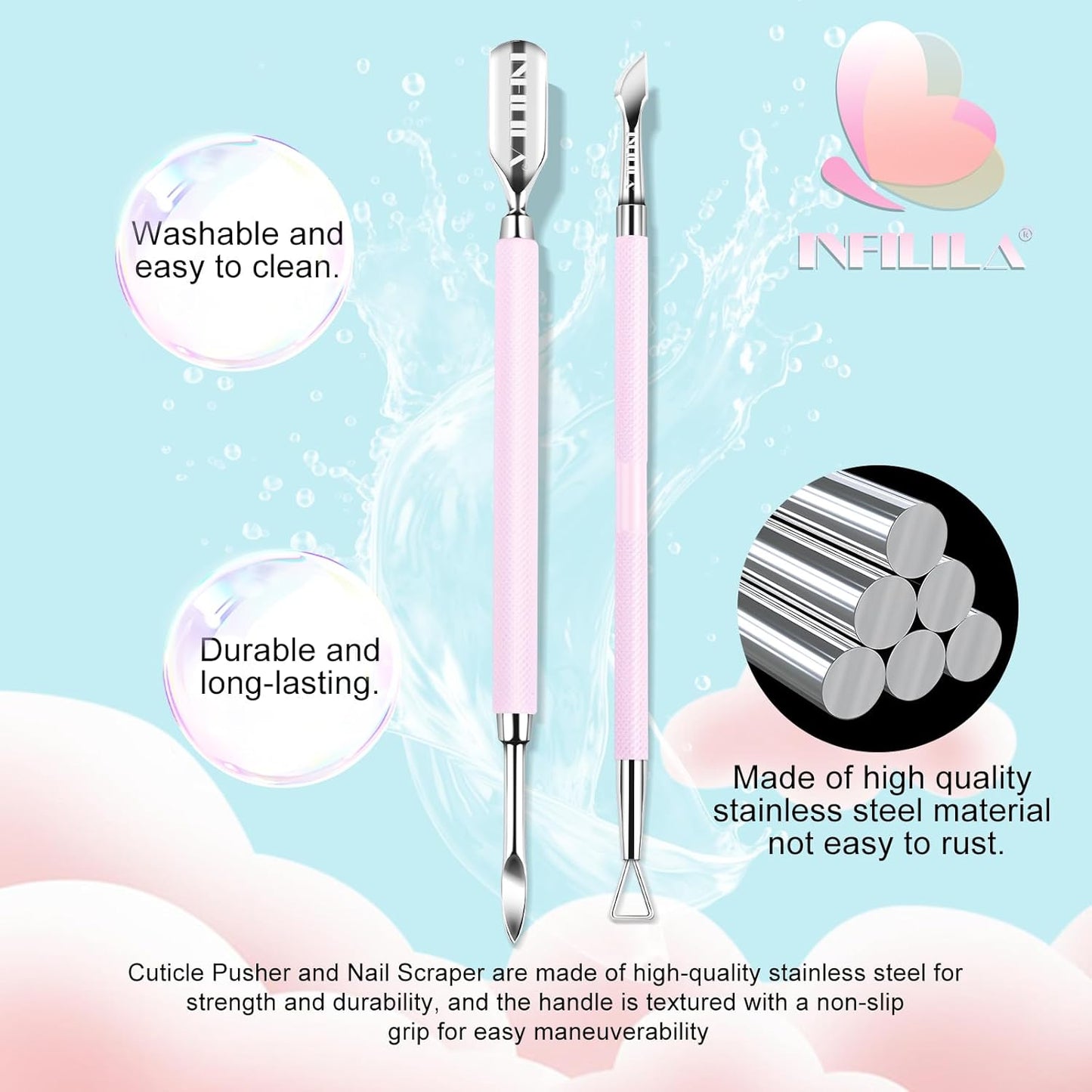 NXJ INFILILA Cuticle Pusher and Cuticle Cutter, 2Pcs Pink Cuticle Pusher Tool Stainless Triangle Cuticle Peeler Scraper Manicure Pedicure Tools Cuticle Remover Kit for Nail Care