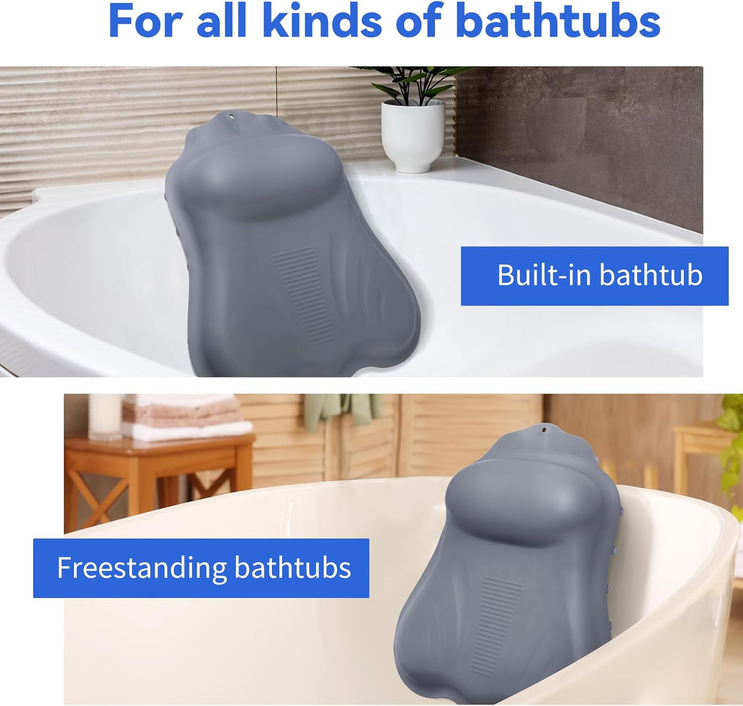 Goowin Bath Pillows for Tub, New Generation Skin-Friendly Silicone Bath Pillow, Luxury Bathtub Pillow for Head and Neck, Powerful Suction Tub Pillow for Bathtub with Inflatable Airbag (Grey)