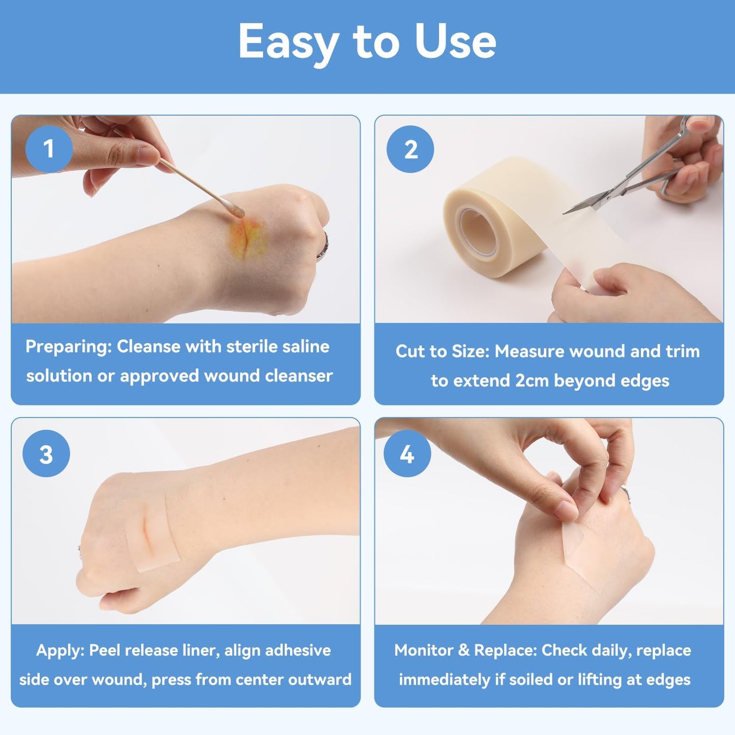 3-in-1 Hydrocolloid Bandage Roll (2" x 16.4 ft) - Sterilized, Waterproof Wound Dressing for DIY Sizing, Latex-Free and Hypoallergenic, Great for Blisters, Cuts & Pimples (2" x 16.4 ft)