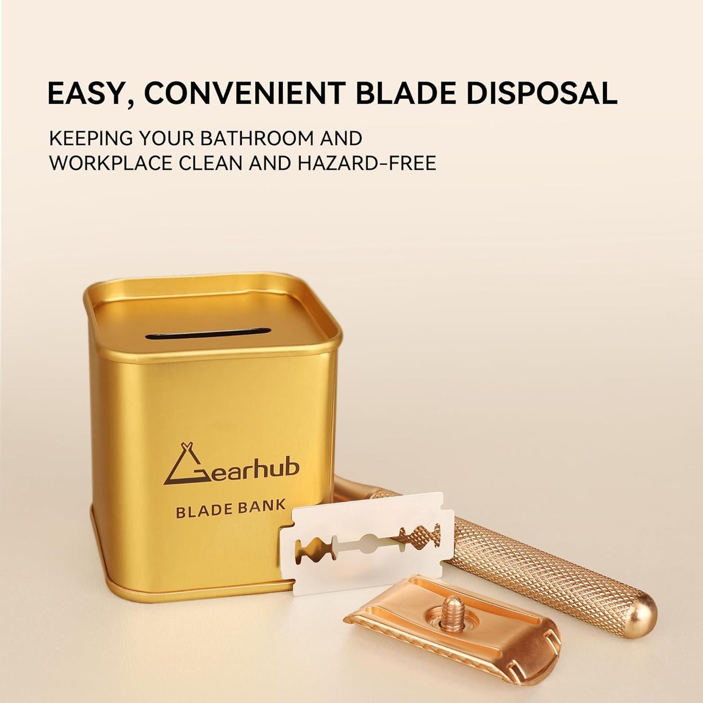 Gearhub Blade Bank Safely Store Used Safety Razor Blades Large Capacity Disposal for Barber Shops & Personal Use Sealed Design Holds 300+ Blades Matte Gold
