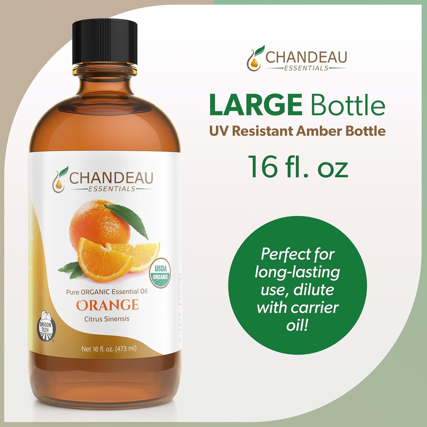 100% Pure Organic Essential Oil, Pure Orange Essential Oil for Aromatherapy, Soap Making, Candles, Laundry, Perfume, Cleaners or Diffusers - Large Amber Glass Bottle, 16 oz.