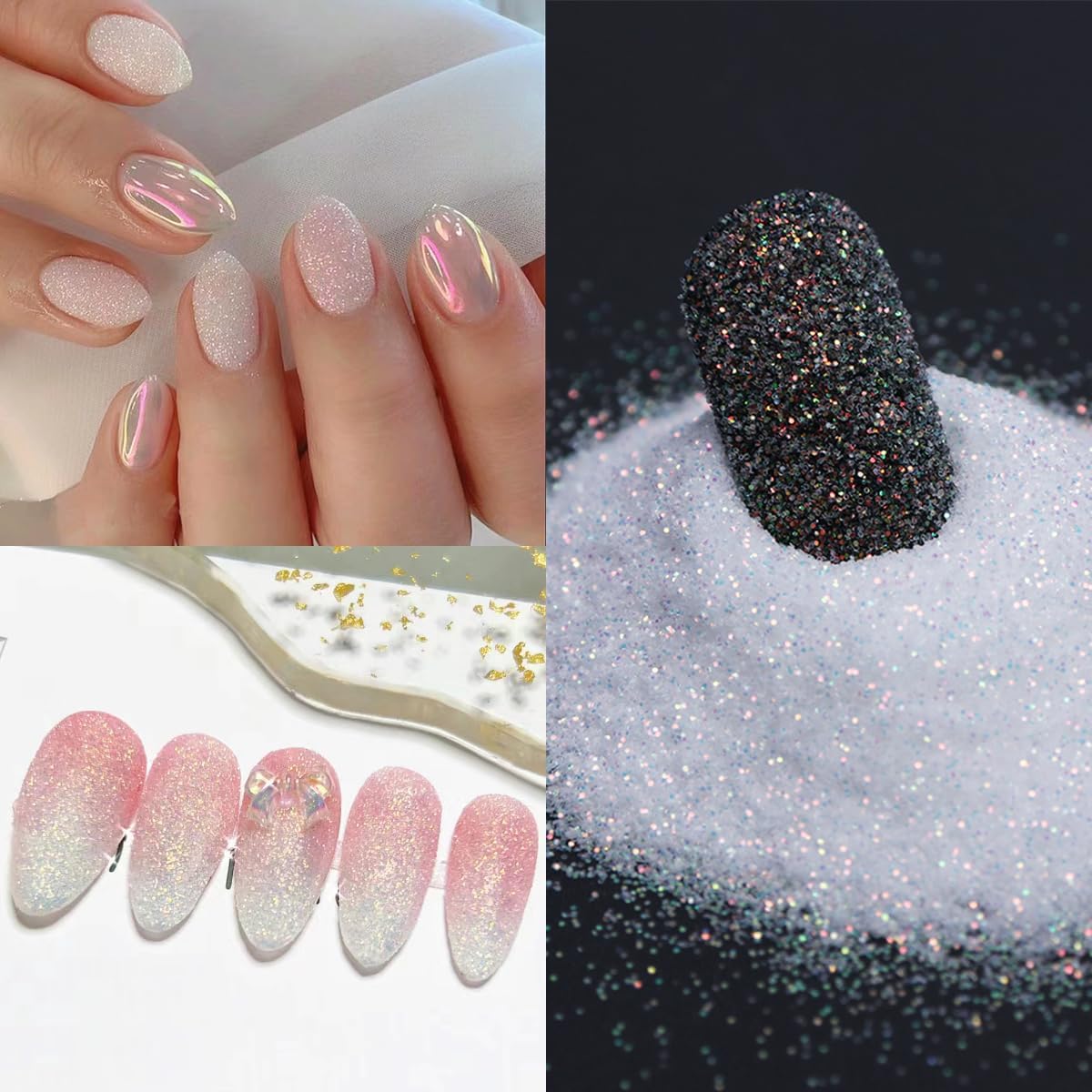 Black White Nail Glitter Powder, 6 Jars Extra Fine Sugar Glitter for Nails, French Tips Dipping Powder, Sugar Sand Coating Effect Sweater Knit Nail Design, Winter Nail Decoration Supplies