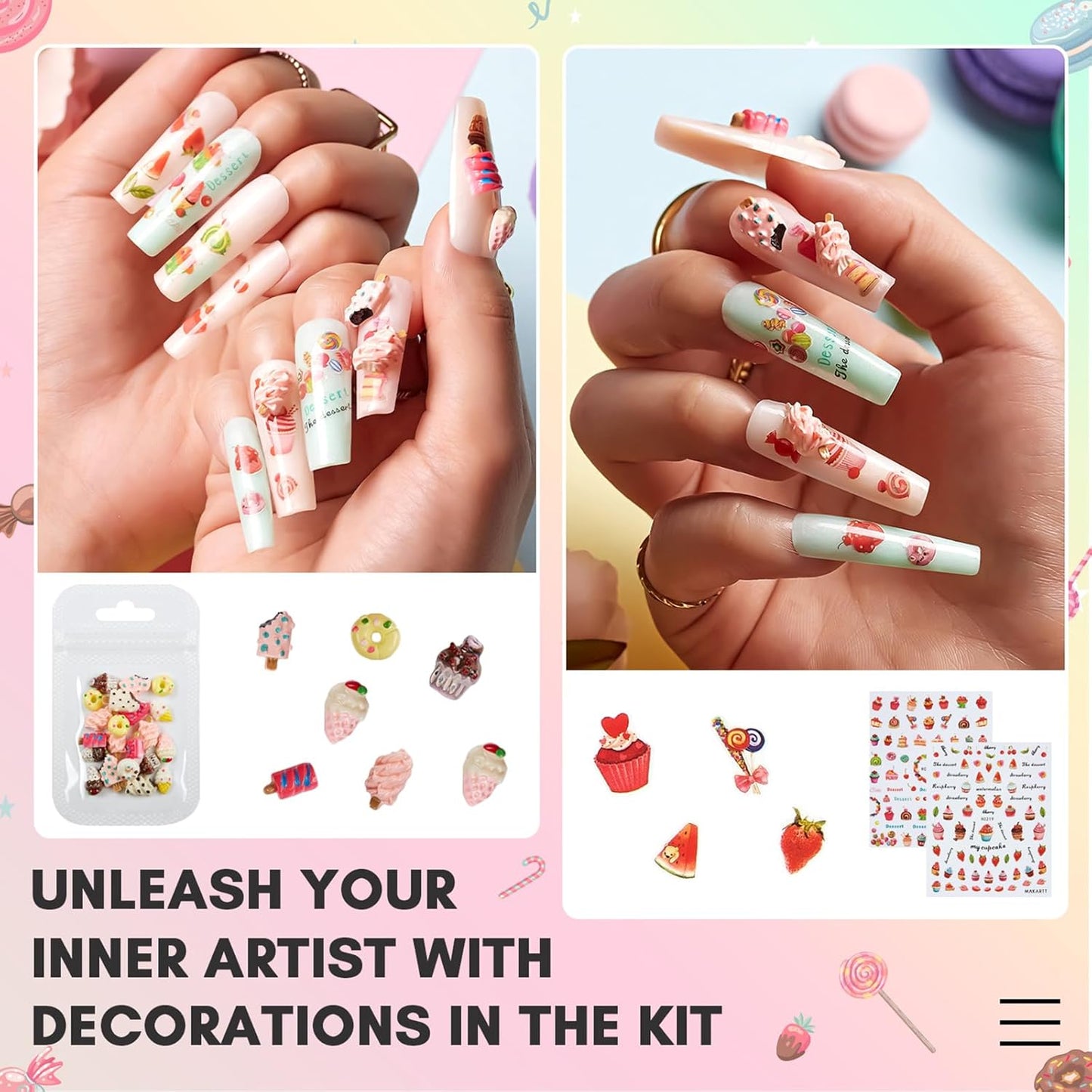 Makartt Nail Decorating Kit, 10pcs Designer Nail Stickers, Cute Dessert Nail Art Decor for DIY Manicure, Salon Accessories for Creative Nails Designs