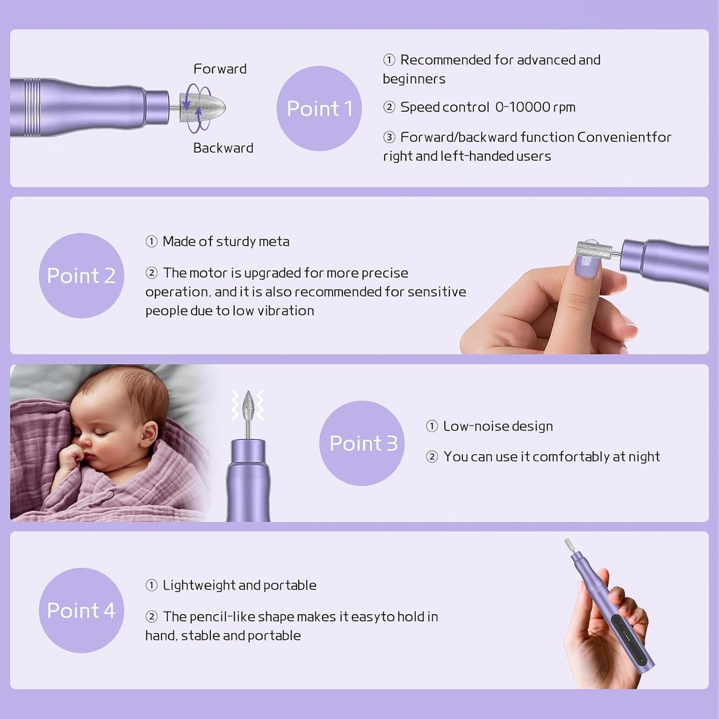 Electric Nail Drill Set, Cordless Electric Nail File Set Rechargeable, 5 Speed Portable Nail Drill Machine for Thick Nail Toenail Cuticle, Hand Feet Trimmer Buffer for Women Men Baby Pets