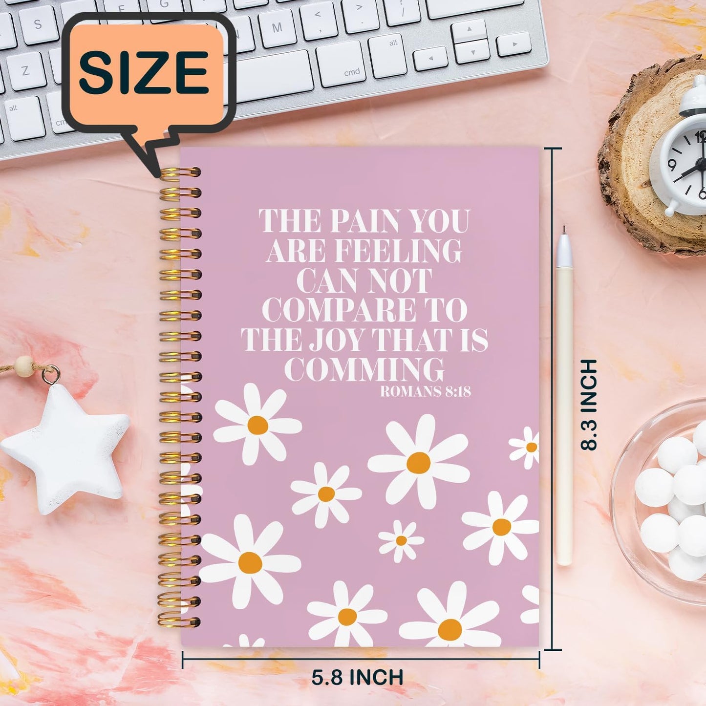 Pink Floral Christian Spiral Journal Notebook 5.5x8.3in, Romans 8:18 Bible Scripture Journal, Inspirational Christian Notebooks for Note Taking, Religious Hardcover Notebook