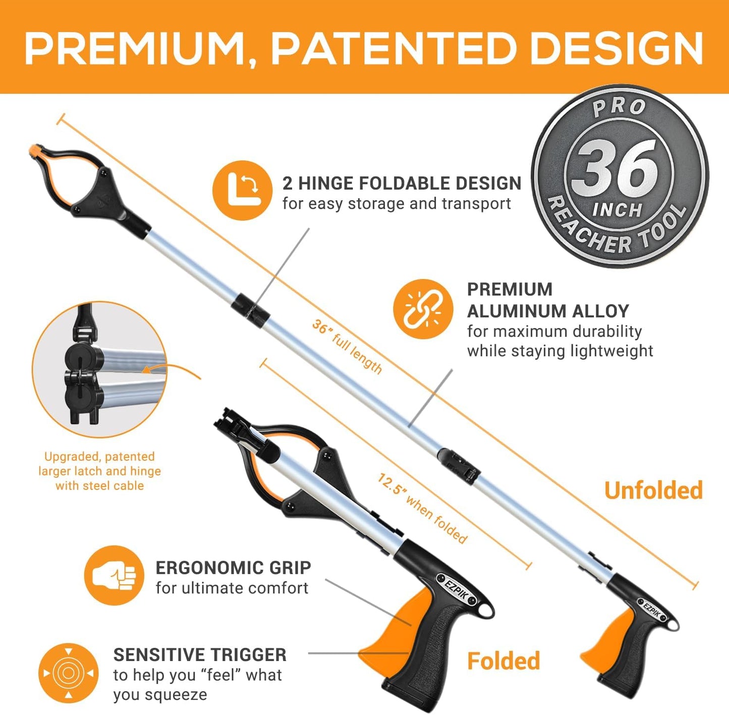 EZPIK® Grip Aid Tool Grabber Reacher + Magnets - Grabbers for Seniors, Trash Picker Upper Grabber - Trash Grabber Tool- Reacher Grabber Pickup Tool (Silver, 36″ (Pack of 2))