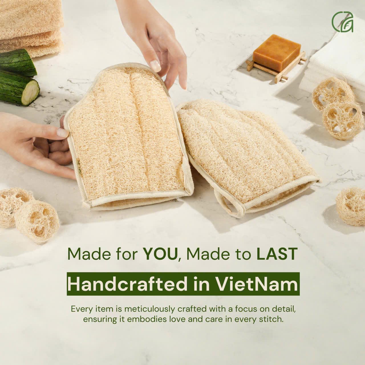 Chill Ah Green Glow Dual-Sided Loofah Bath Mitts (2-Pack) β 100% Plant-Based, Dye-Free, Biodegradable, Handcrafted in Vietnam β Natural Exfoliating Gloves for Glowing Skin