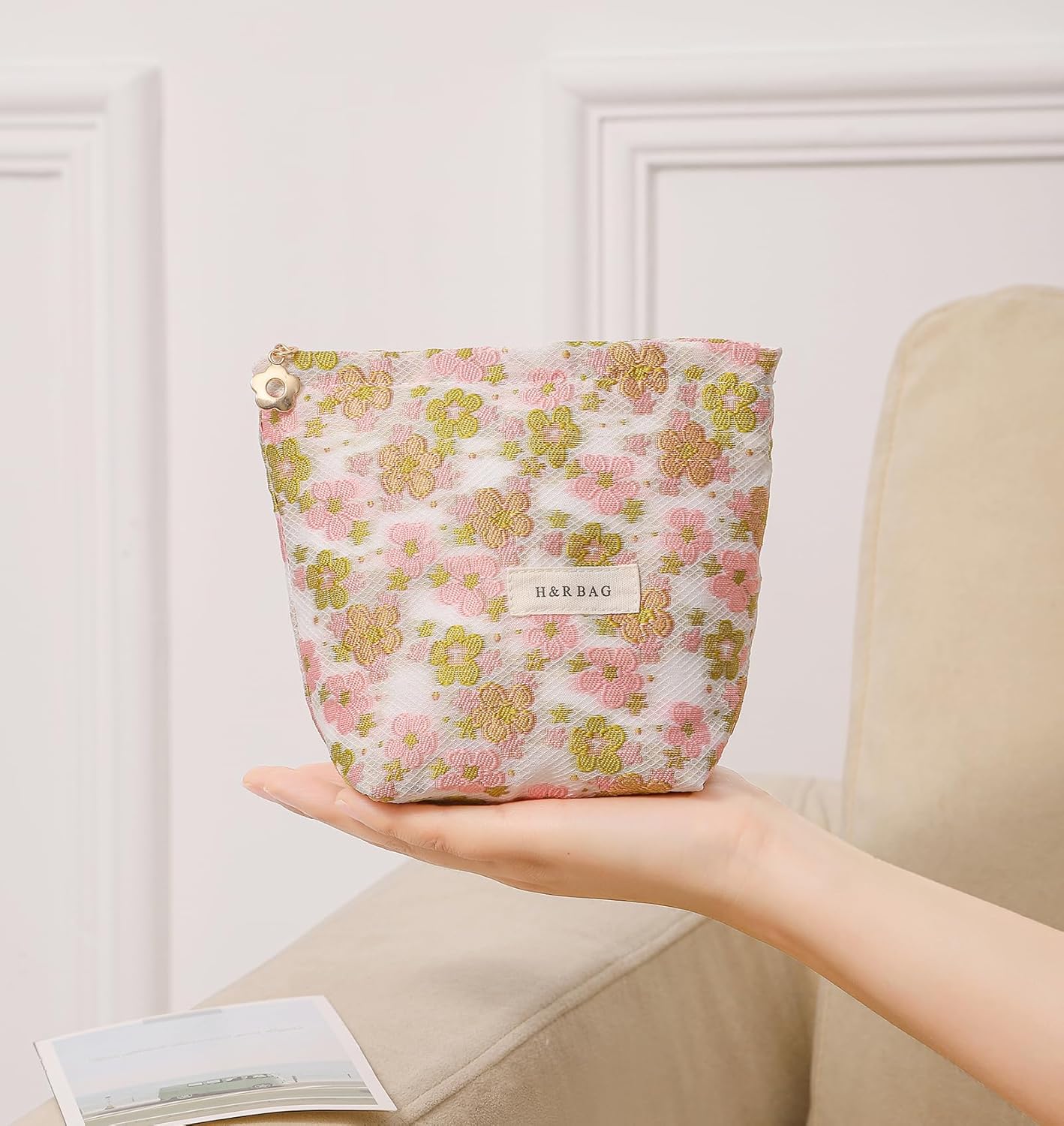 2 Pcs Makeup Bags, Large Cosmetic Bag Travel Toiletry Bag Organizer for Women, Embroidery Craft, Floral Makeup Bag Small Cosmetic Pouch Purse with Zipper Gifts for Girls Teen