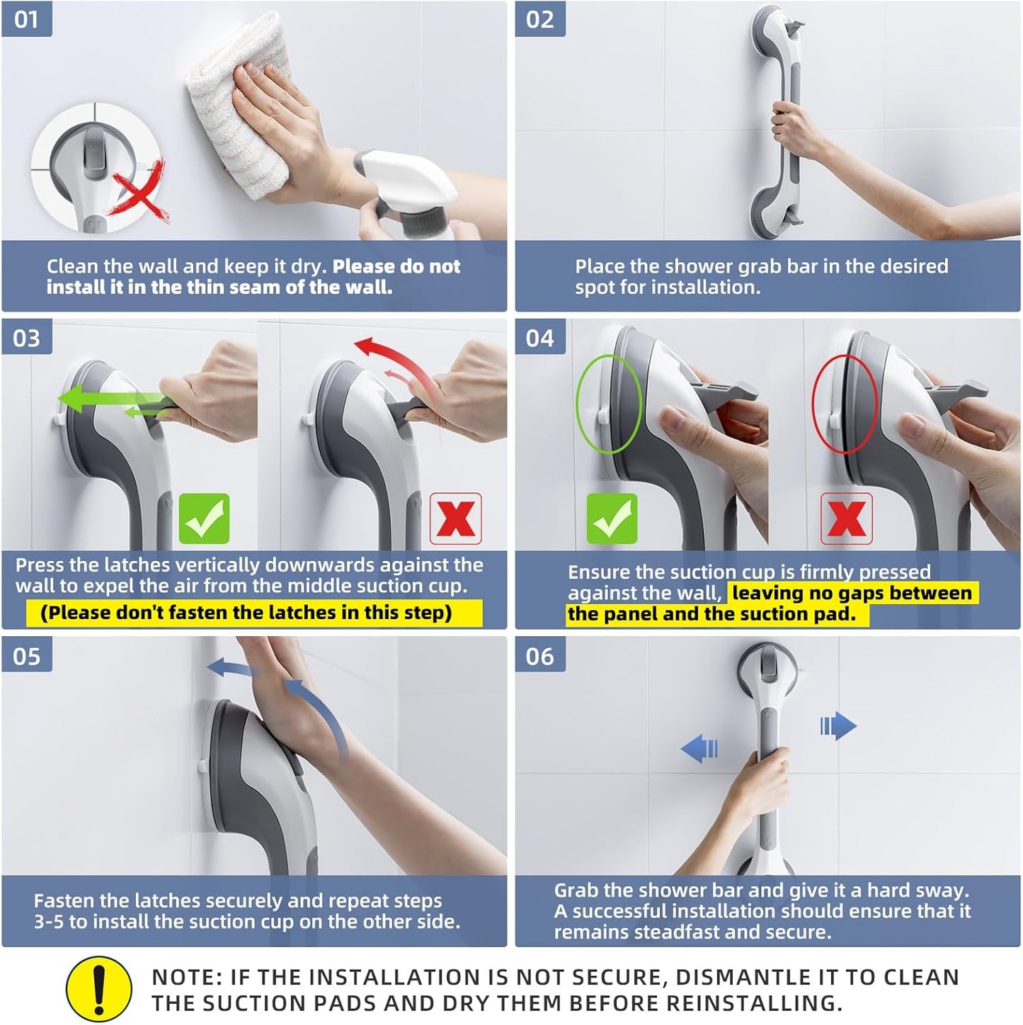 Grab Bars for Bathtubs and Showers 2 Pack Glow in The Dark, 17 inch Suction Grab Bar, Shower Handle Safety Grip Handrail for Seniors and Elderly, Removable Waterproof No Drilling, Grey