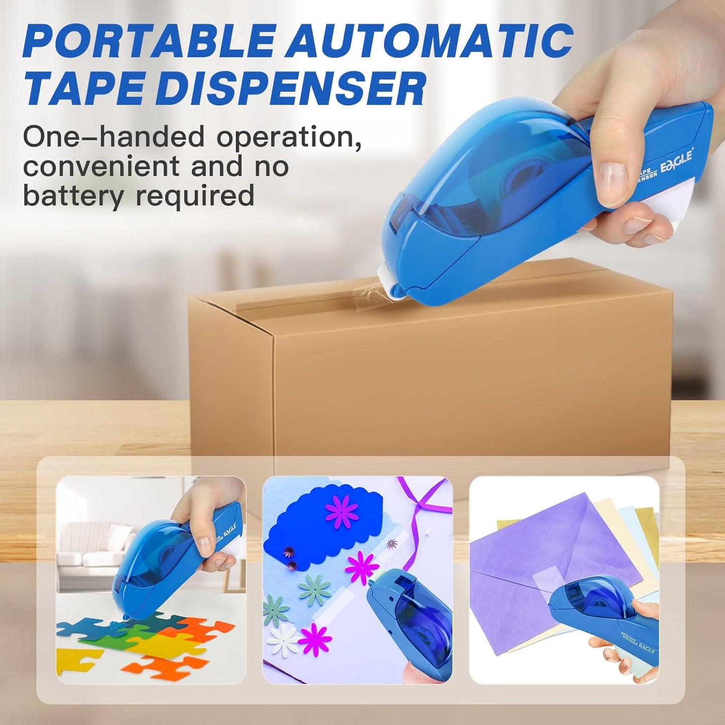 Eagle Automatic Tape Dispenser, Handheld & Portable Design, Office Tape Gun, One-Handed Operation with Safety Blade for Office, Home, DIY or Packaging (Includes 2 Free Tapes)(Blue)
