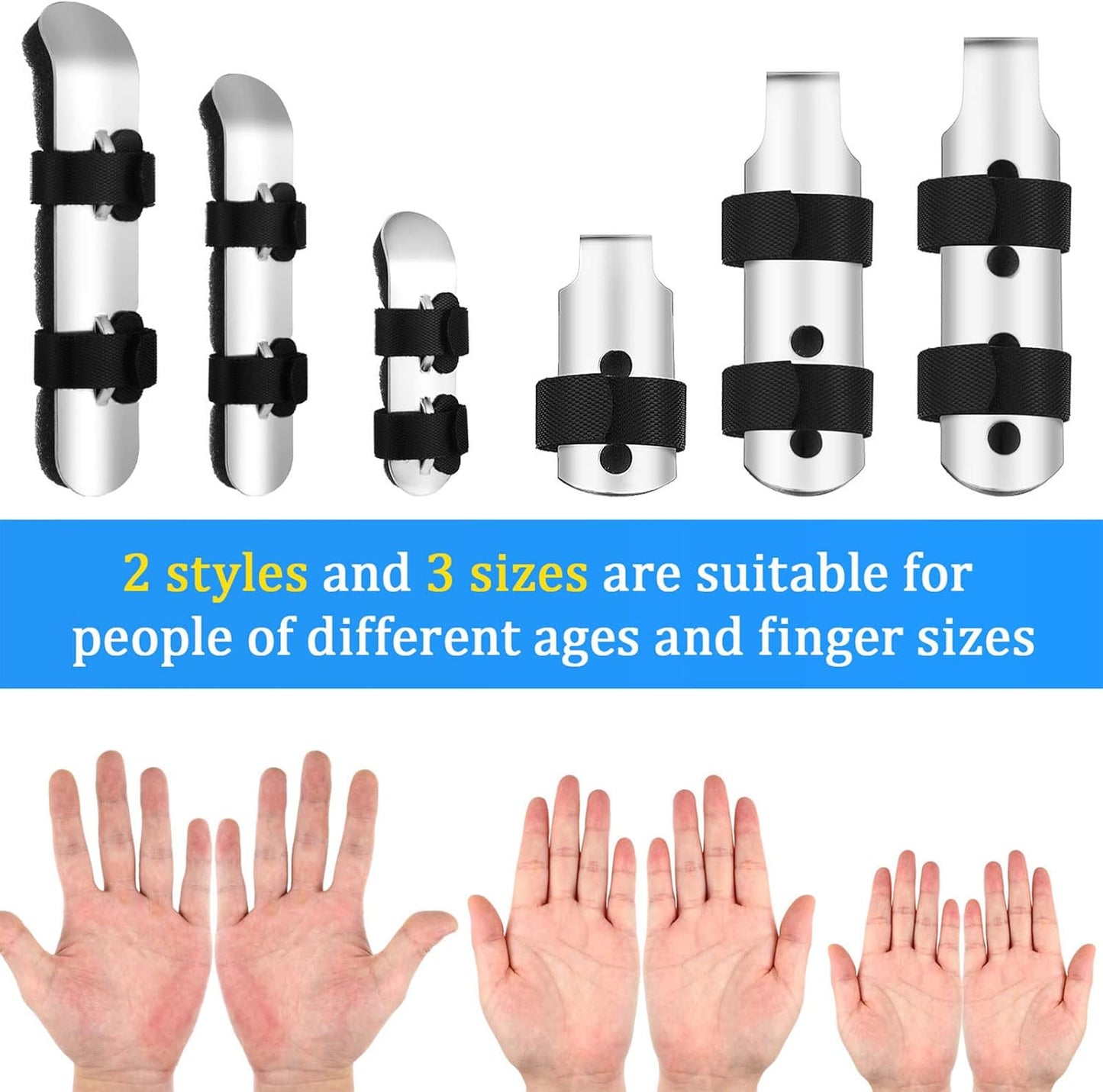 6 Pcs Finger Splint Metal Support Finger Brace Arthritis Knuckle Immobilization with Soft Foam Inner Band and Protective Vent for Adults and Children, 2 Styles, Different Sizes(Black)