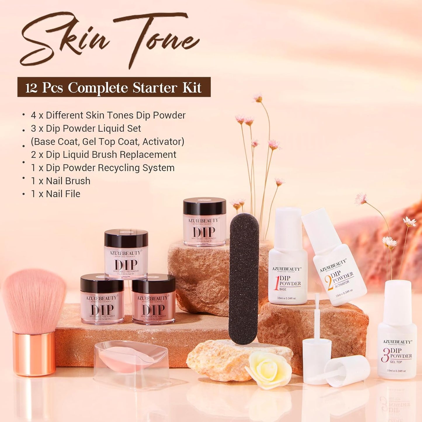 AZUREBEAUTY Dip Powder Nail Kit Starter, All Season Skin Tone Nude Brown 4 Colors Acrylic Dip Powder Liquid Set with Base/Top Coat Activator for French Nail Art Manicure DIY Salon Gifts