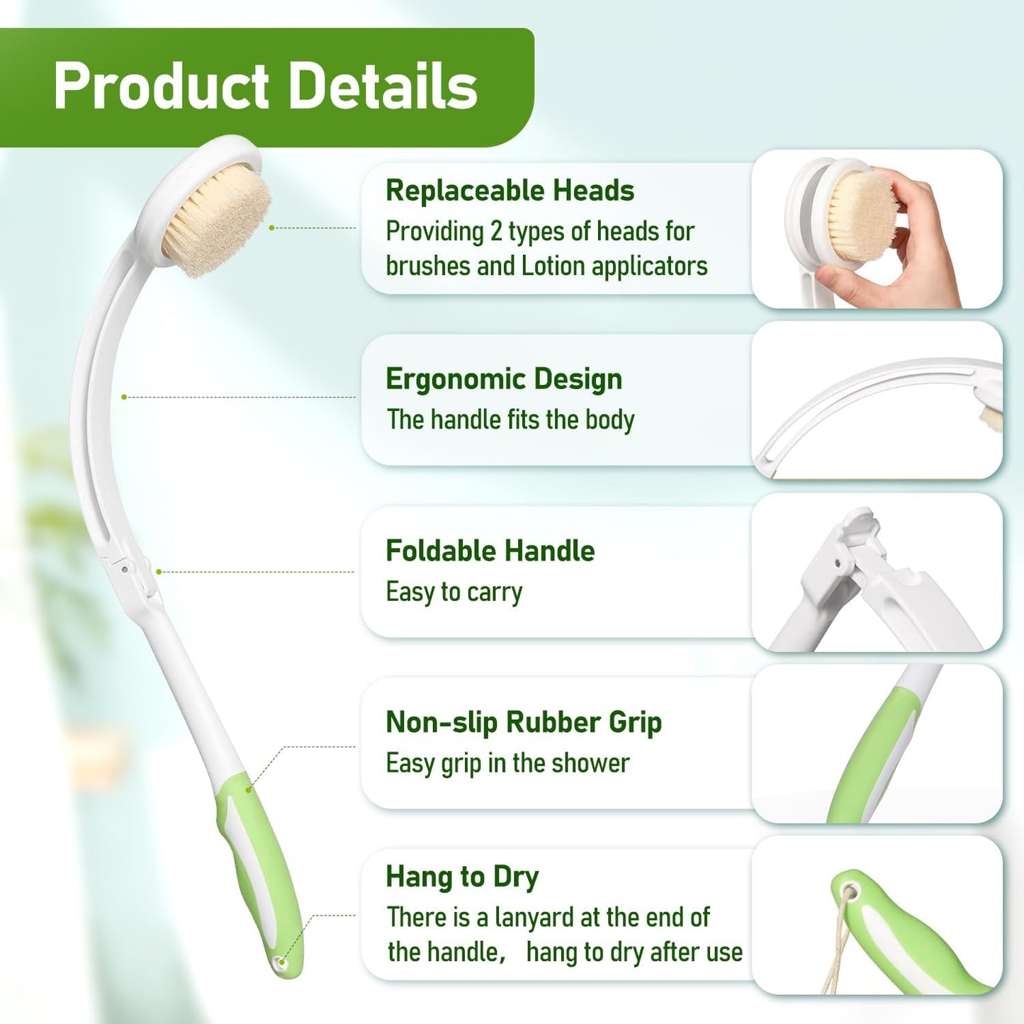 Fanwer 3 in 1 Lotion Applicator for Back Self Elderly & Back Bath Brush for Shower for Men and Women with Long Handle, 18.9in Curved Long Handled Shower Body Brush, Back Scrubber for Shower