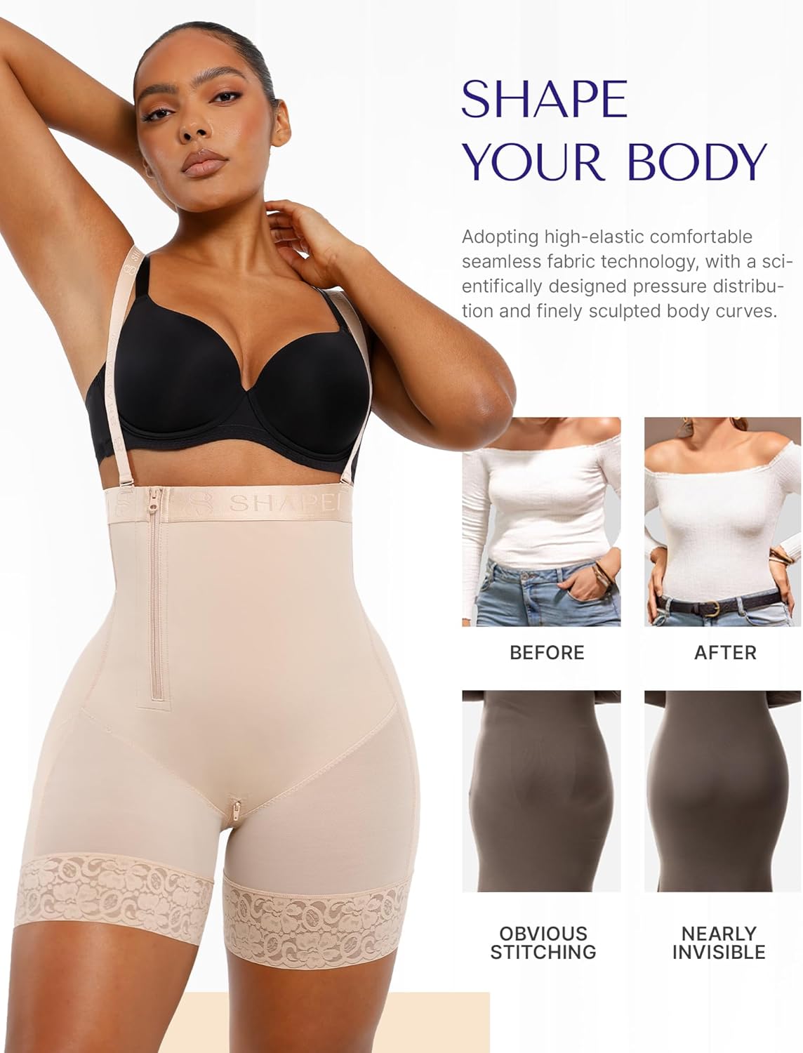SHAPELLX Shapewear Tummy Control Fajas Colombianas Body Shaper for Women Butt Lift Bodysuit