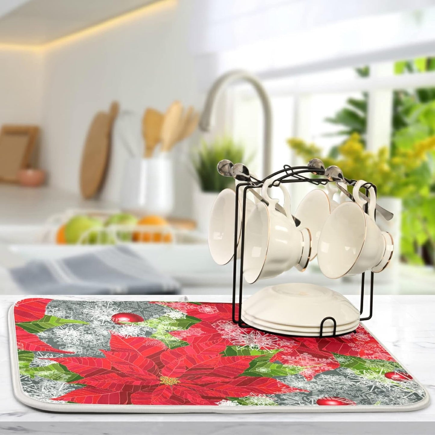 Dish Drying Mat for Kitchen Counter 18 x 16 Inch Happy Holidays Poinsettias Flower Christmas Microfiber Dish Mat Drying Pad Absorbent Dishes Pad Dish Drainer Rack Mats
