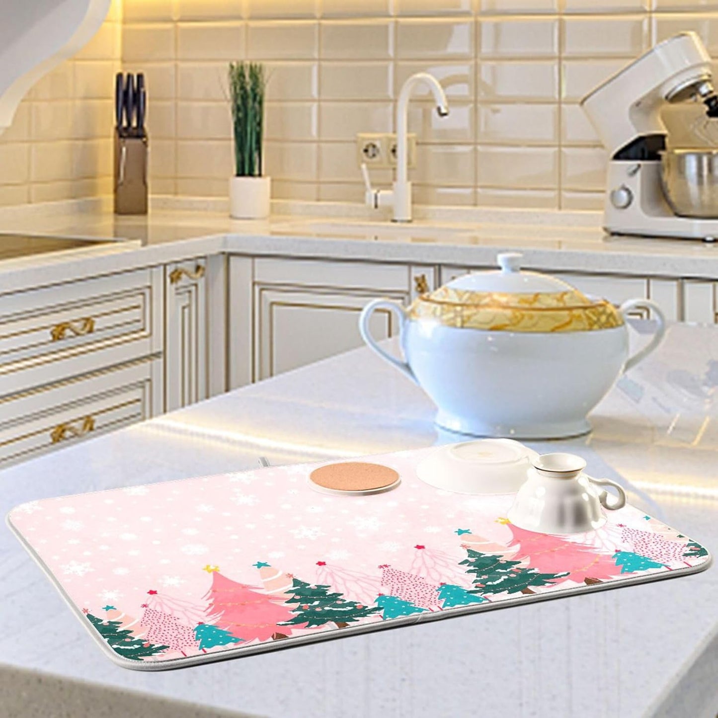 Christmas Tree Pink Dish Drying Mat for Kitchen Countertop 18x24 Winter Snowflake White Xmas Large Drying Mat Reusable Quick Dry Dish Sink Mats Easy Clean Decorative Essentials