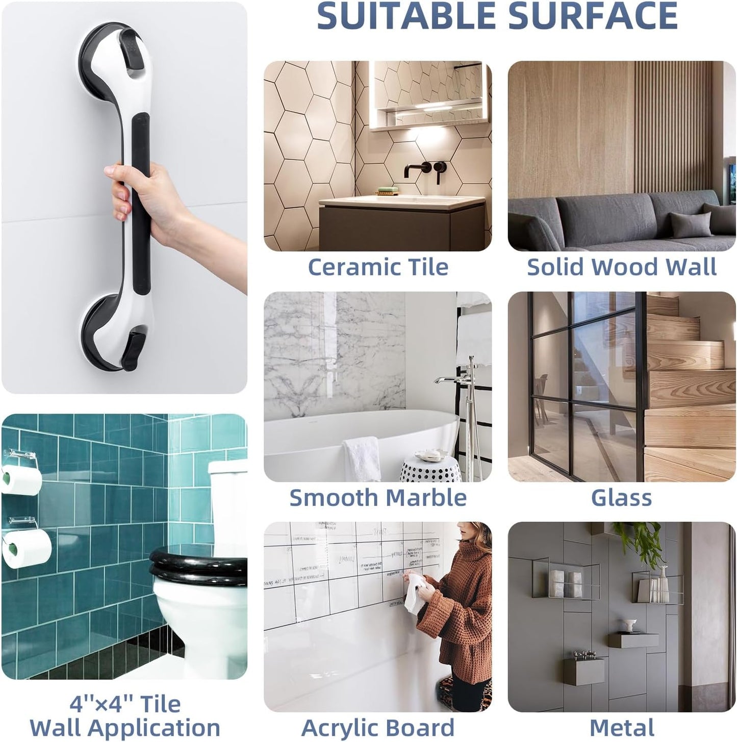 Grab Bars for Bathtubs and Showers 2 Pack Glow in The Dark, 17 inch Suction Grab Bar, Shower Handle Safety Grip Handrail for Seniors and Elderly, Removable Waterproof No Drilling, Black