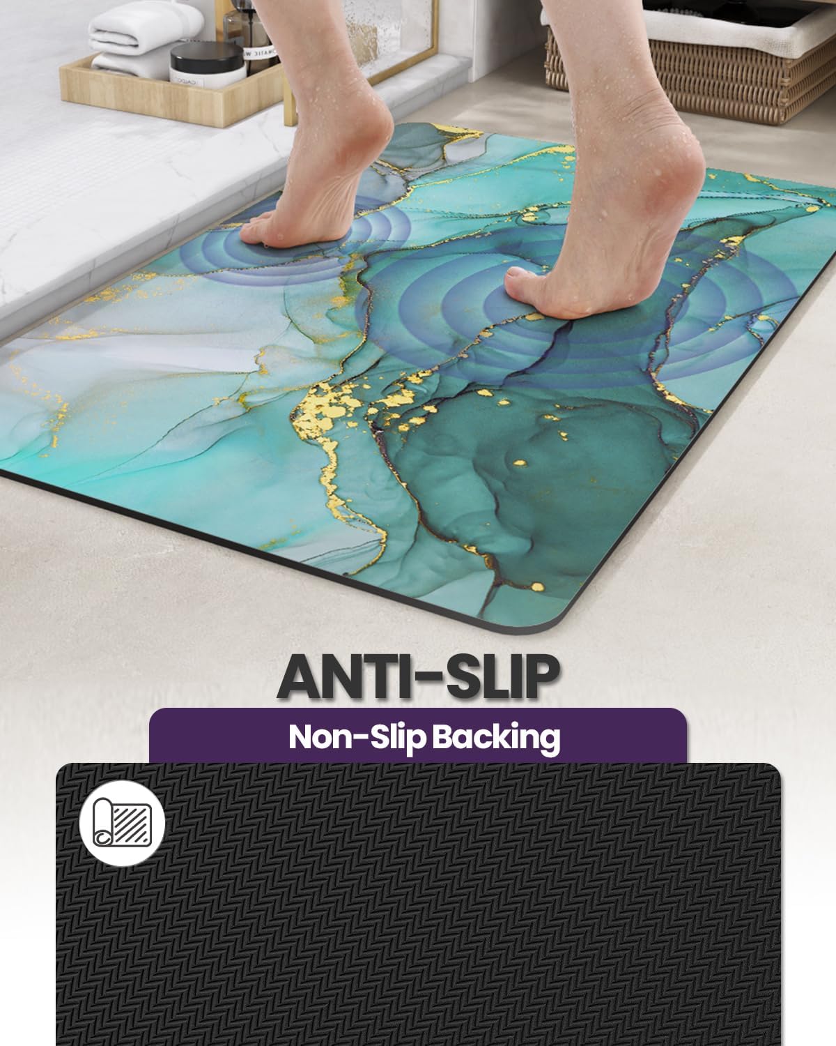 DEXI Bathroom Mat Ultra Thin, Non Slip Bath Rug for Shower Floor, Absorbent Quick Dry Marble Bathmats Low Profile, 17x32, Turquoise Green