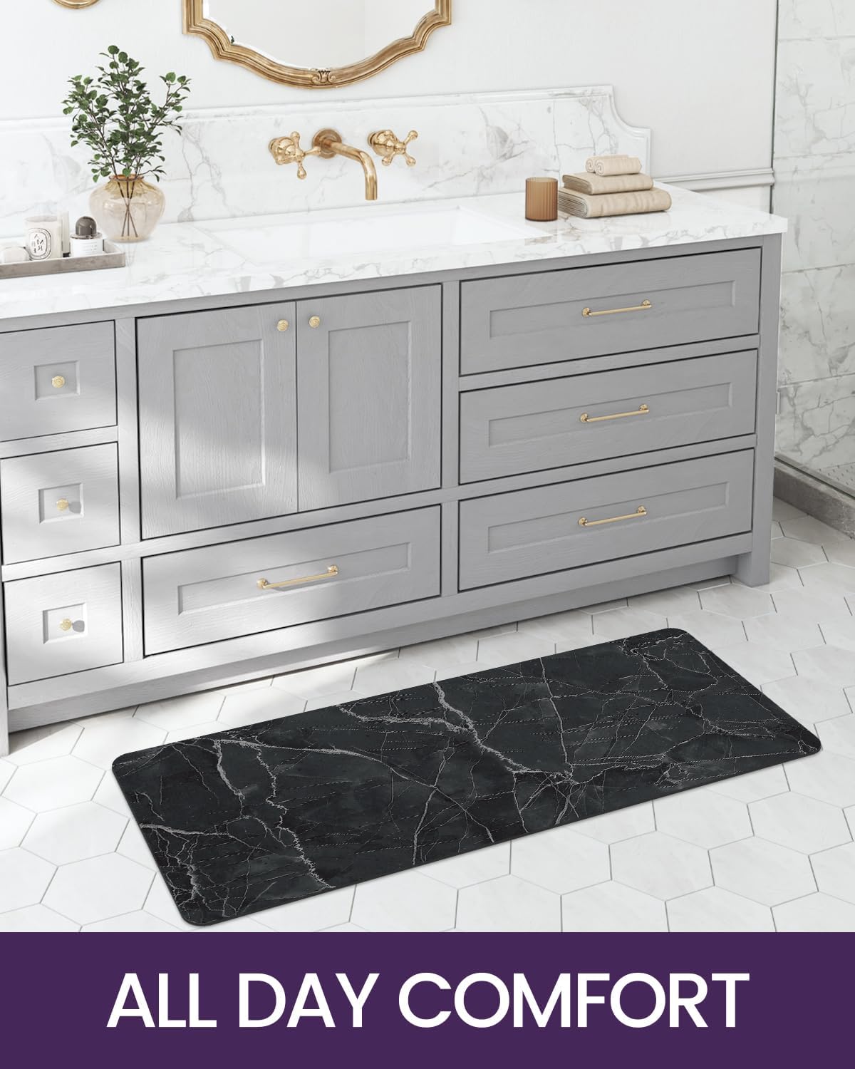 DEXI Bath Mat 16x24, Non Slip Quick Dry Rugs, Super Absorbent Ultra Thin Marble Bathmat, Washable Rubber Mats for Shower Floor, in Front of Bathtub, Sink, Bathroom Accessories Decor, Black