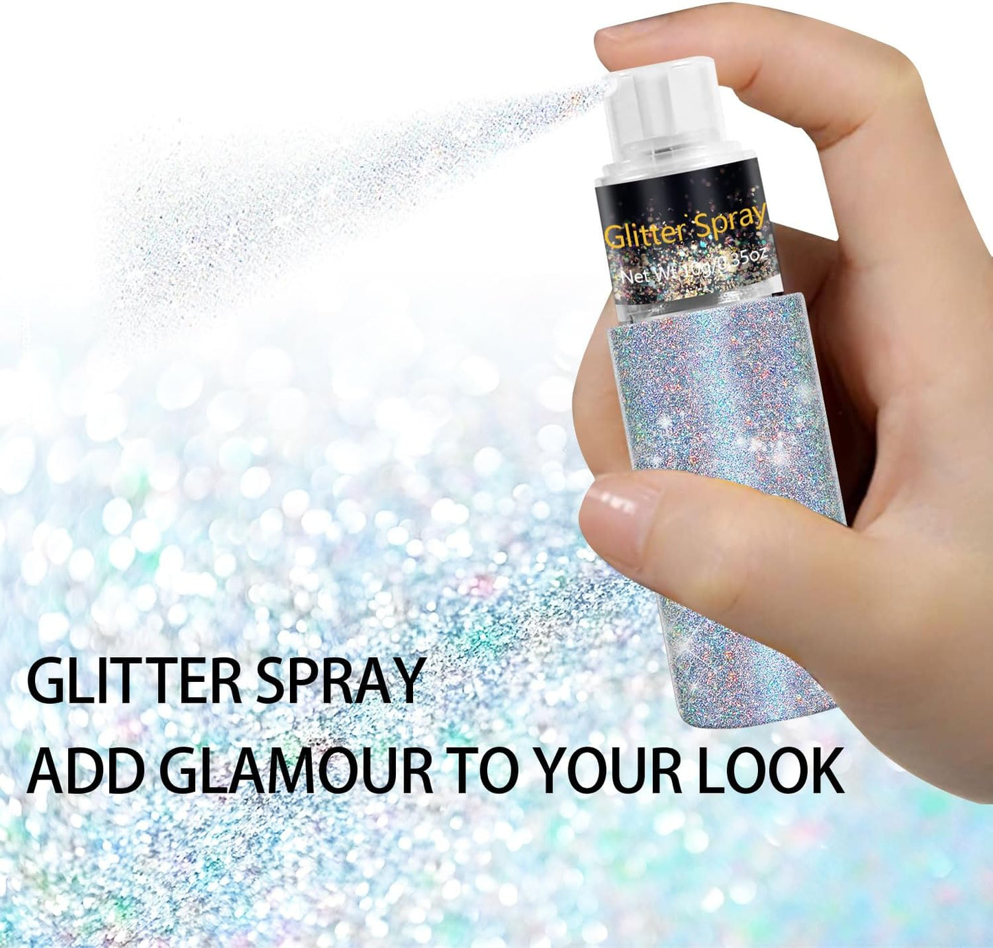 Hair and Body Glitter Spray, Holographic Glitter Highlighter Powder, Face Body Clothes Shiny Glitter, Loose Shimmer Hairspray Festival Rave Prom Accessories, 10g (07# Rainy-Rainbow)