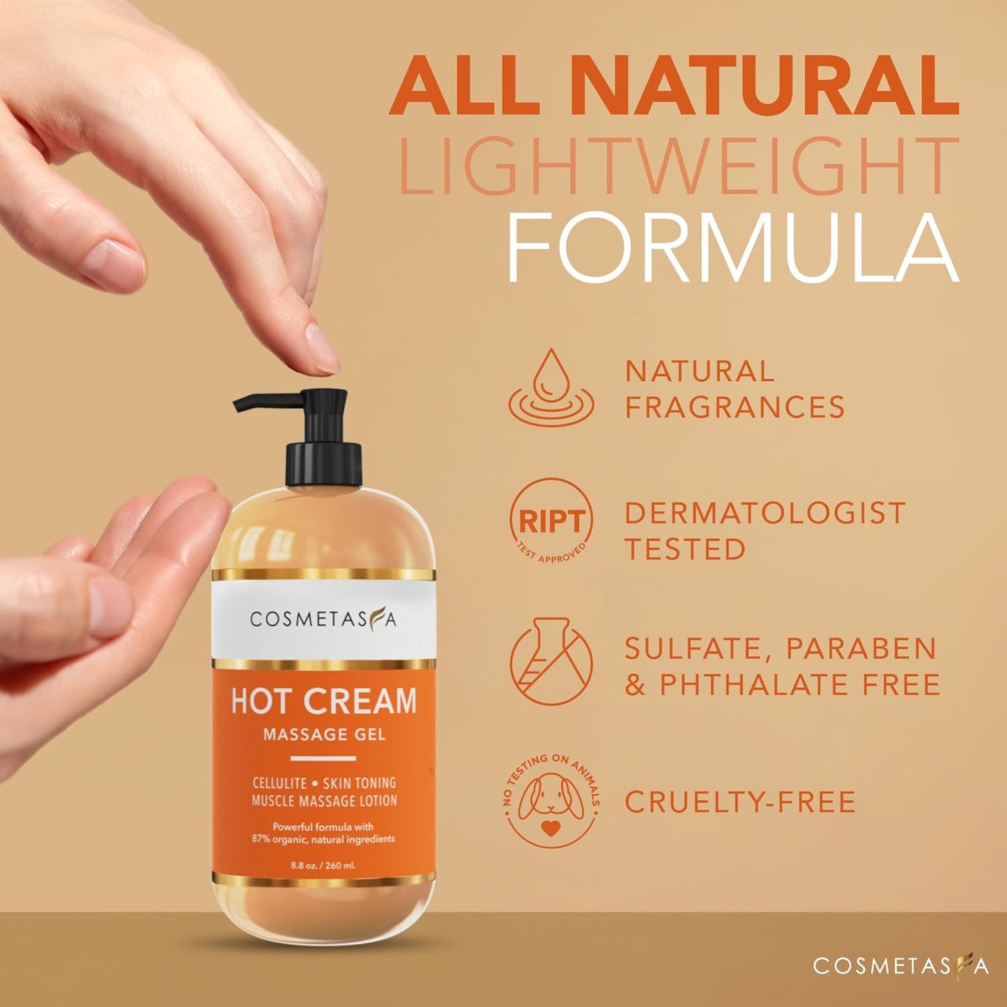 Cosmetasa Hot Cream Massage Gel with Massager Mitt- Natural and 87% Organic Cellulite Cream - Multi Use, Skin Toning, Joints and Muscle - 8.8 oz