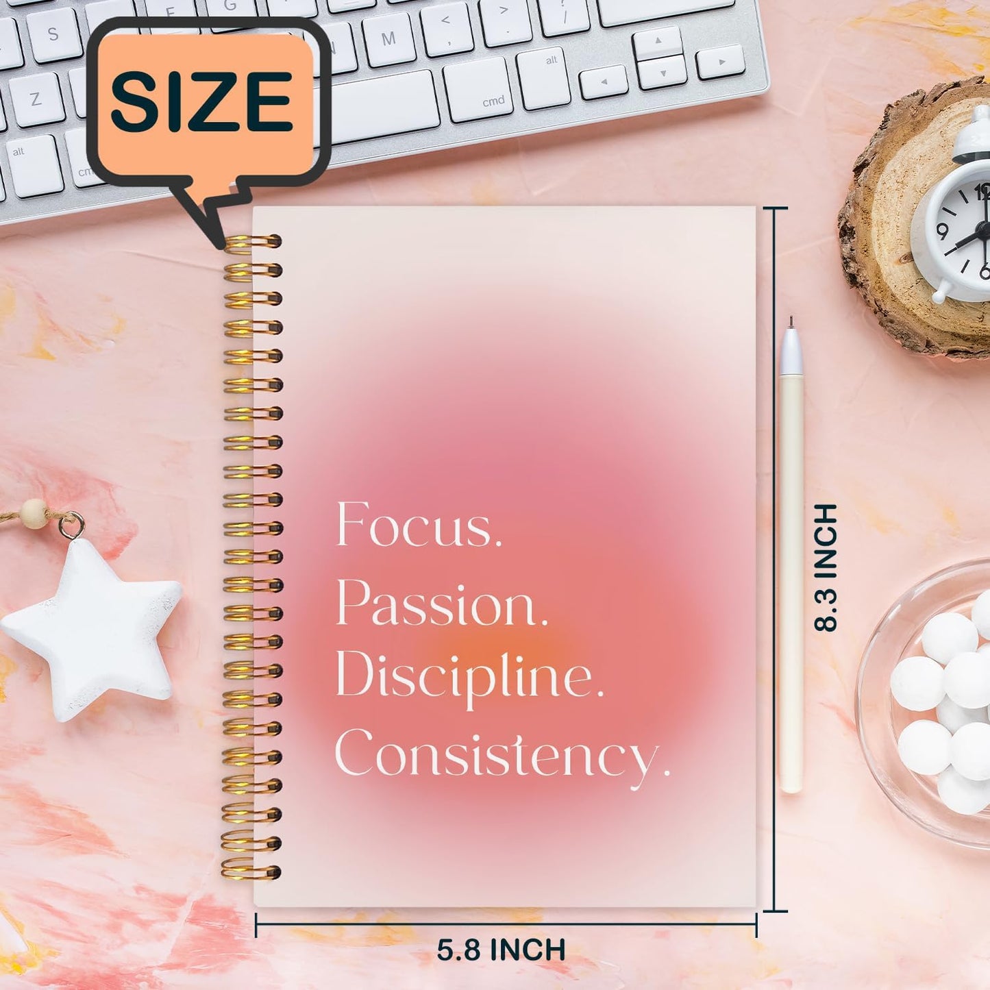 Pink Aura Inspirational Spiral Journal Notebook 5.5x8.3in, Motivational Journal for Women, Focus Passion Discipline Consistency Notebooks for Note Taking, Pink Aesthetic Hardcover Notebook