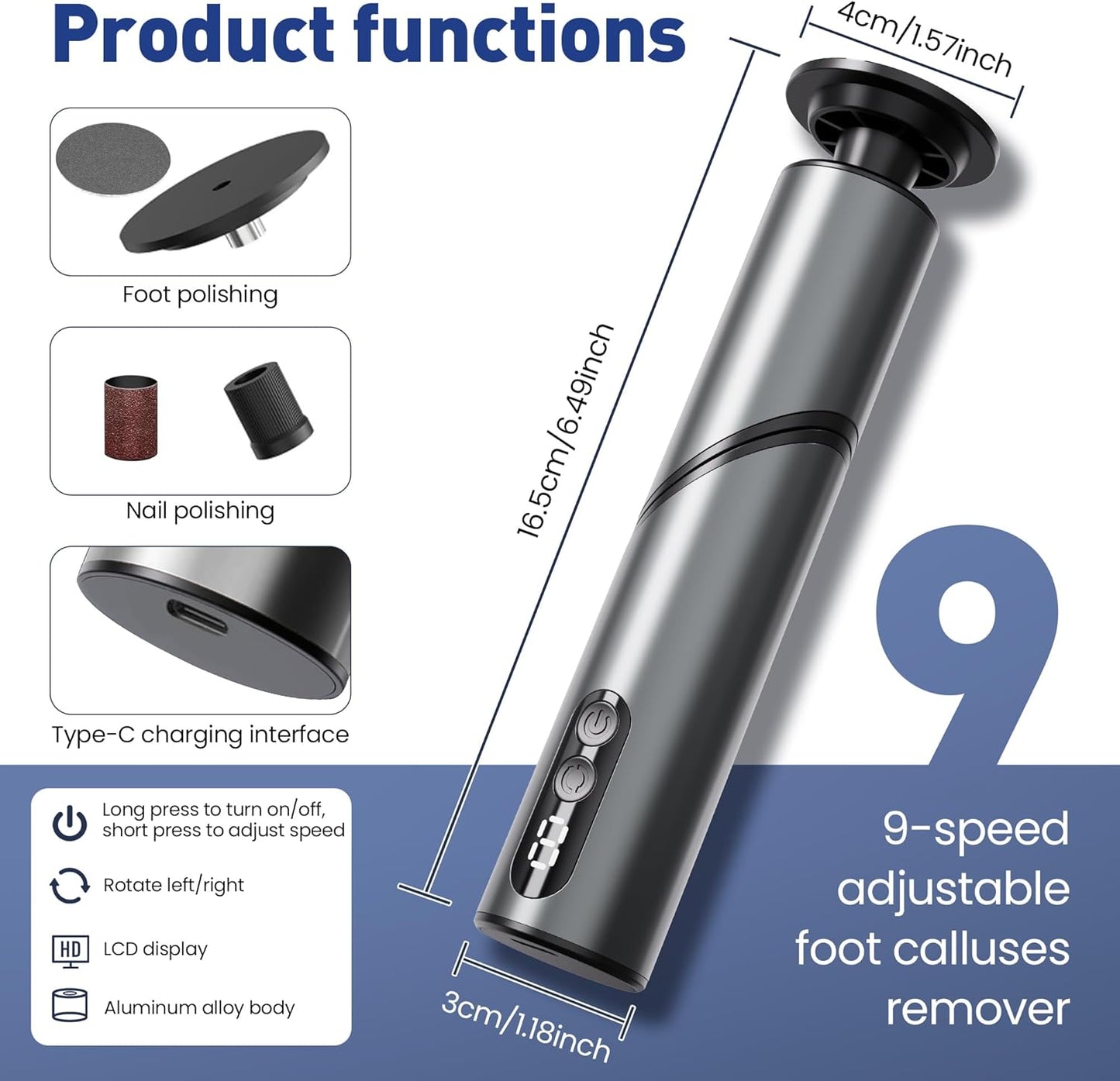 Electric Foot Callus Remover,2 in1 Rechargeable Callus Remover for Feet,9-Speed Cordless Electric Foot File Nail Grinder,Foot Scrubber Pedicure Tools for Dead Skin Dry Cracked Feet (Black Fold)