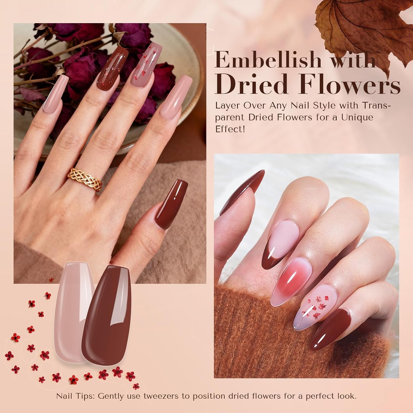 AZUREBEAUTY Dip Powder Nail Kit, 4 Colors Nude Brown with Dried Flower Set, Fall Winter Natural Dipping Powder Starter Liquid Set Recycling Tray with Base & Top Coat Activator 