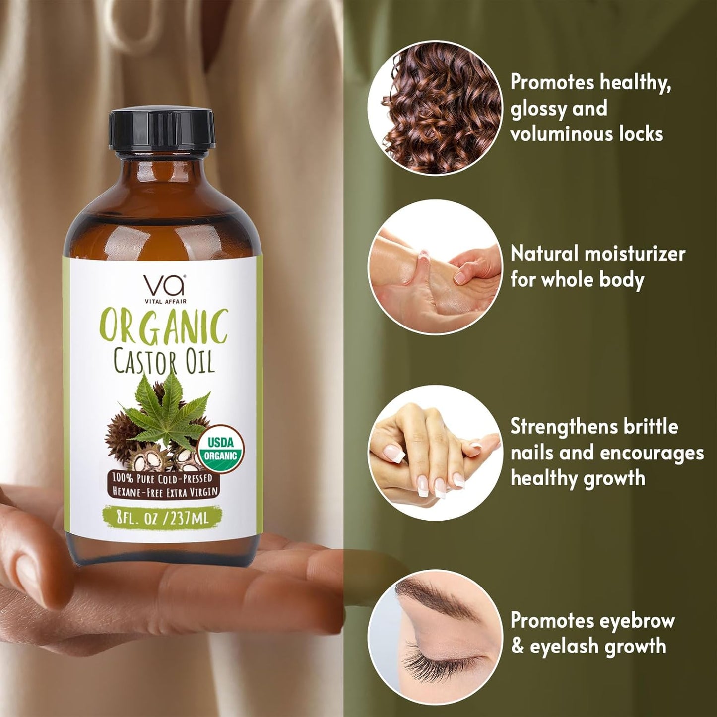 Castor Oil Organic Cold Pressed Unrefined Glass Bottle - USDA Certified Castor Oil For Hair Growth, Skin, Eyelashes, Eyebrows & Nails - 8 Fl Oz