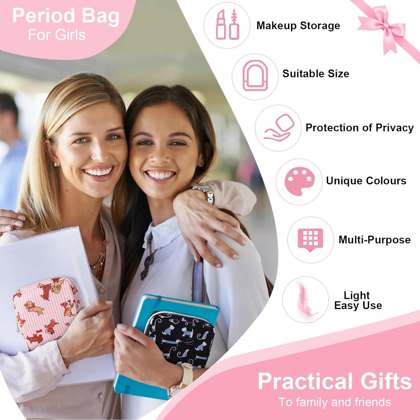 Desing Wish Sanitary Pad Storage Bag Portable Period Bag for Teen Pads/Sanitary Napkins/Small Tampons, Sanitary Napkin Storage Bag First Period Gifts for Teen Girls (Bowknot Star Cats)