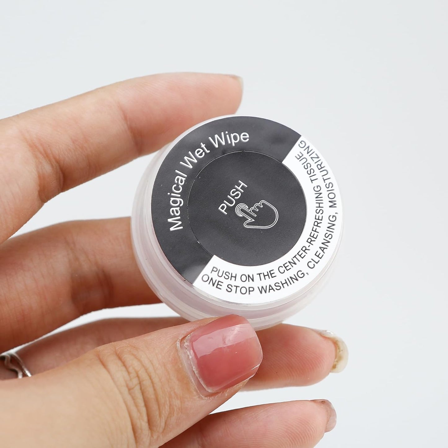 50 PCS Hand Pop Hand Wipes, Press Push Up Lemon Non-stimulating Sanitizing Mini Clean Towelettes Sanitizer, A Fun Way To Open Magical Strong Cool Wet Dry Type Portable for Travel On-the-Go Black White